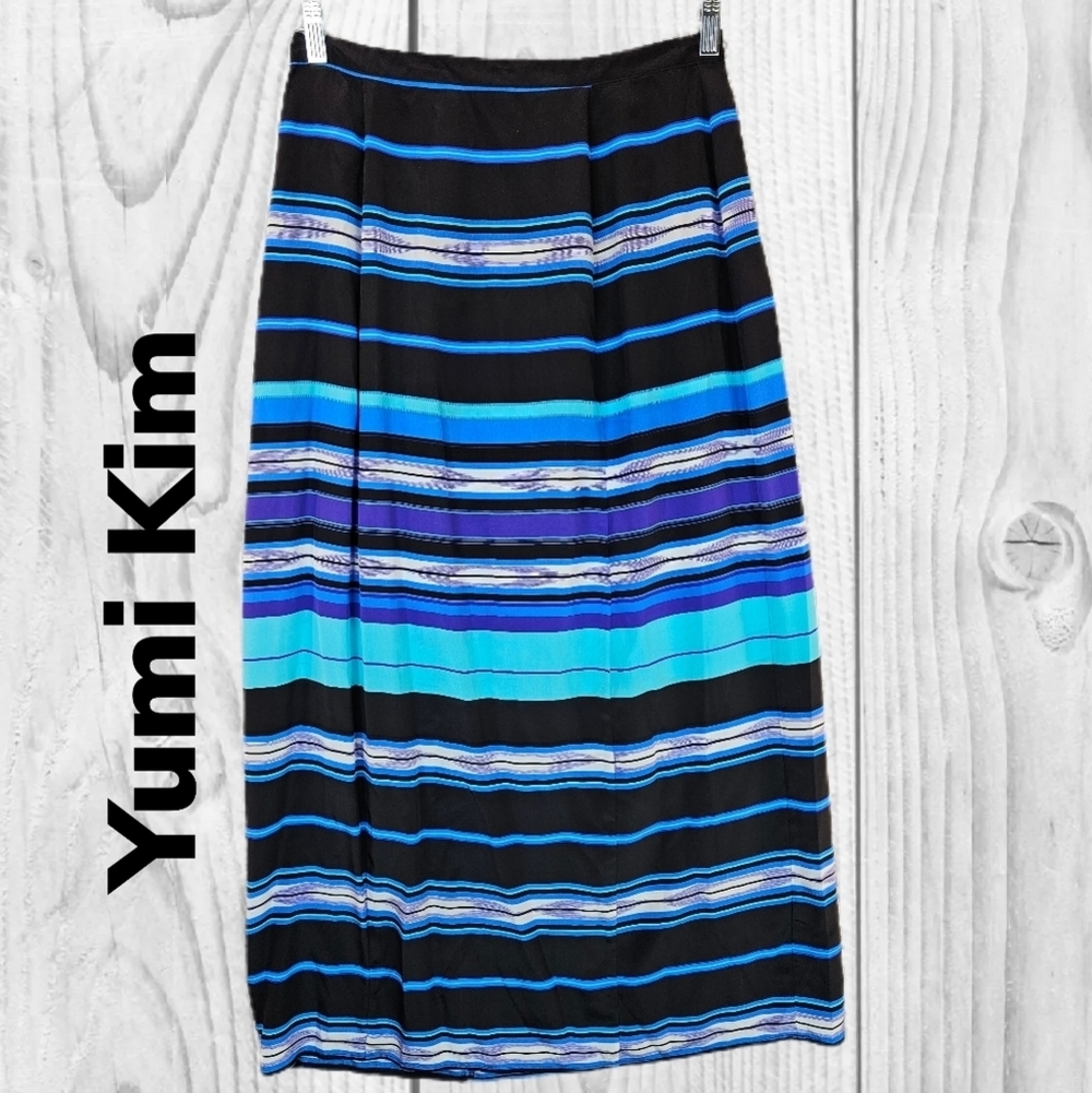 Yumi Kim Multi Color Vertical Striped Back Zip 100% Silk Maxi Skirt Sz L.